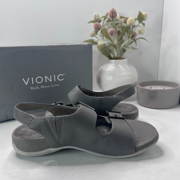 Vionic Albie Strappy Travel Leather Sandal Gray Orthotic Women 7.5 Wide - Picture 7 of 10